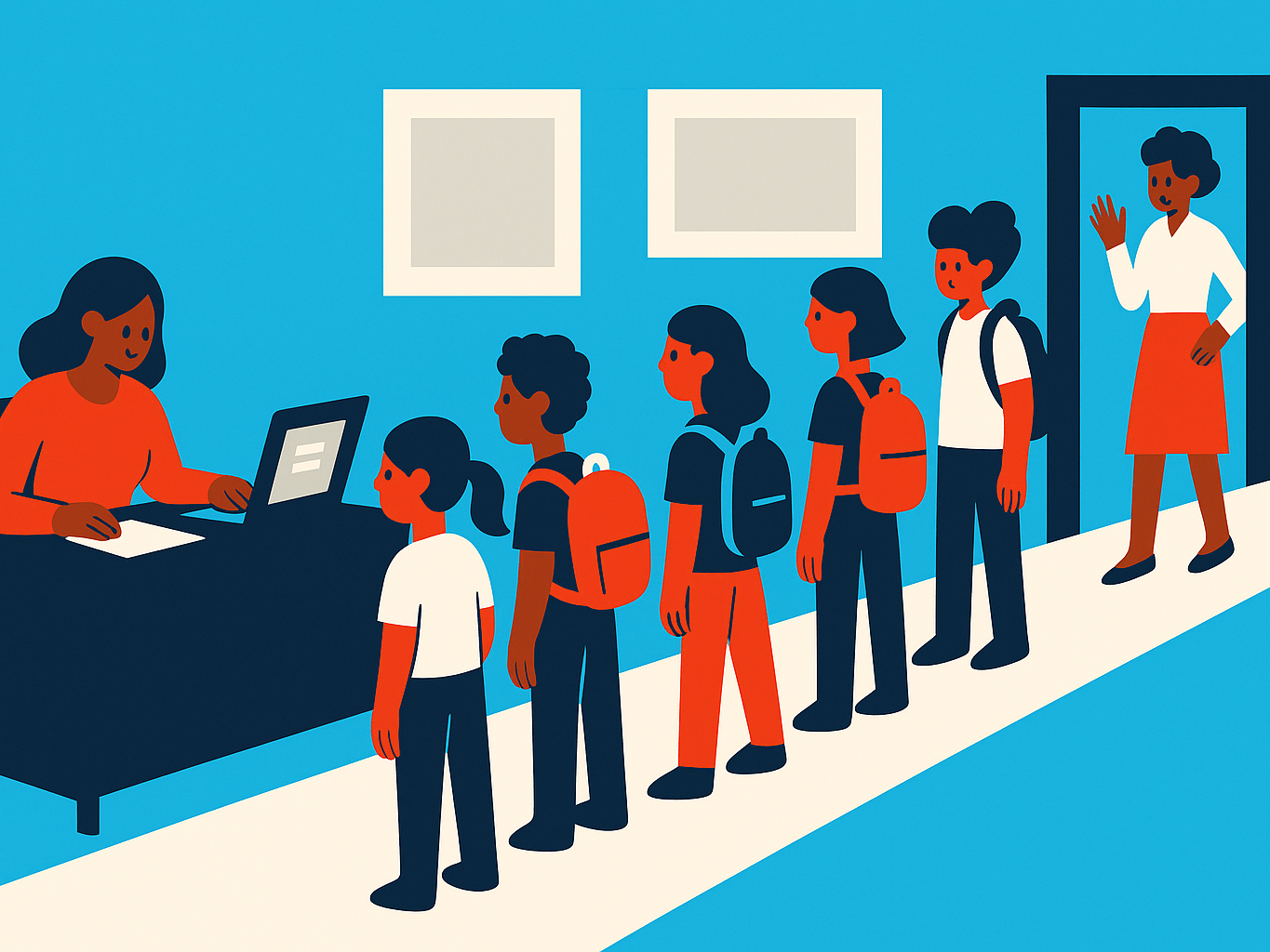 A counselor at a desk with a long line of waiting students and a teacher in a doorway.
