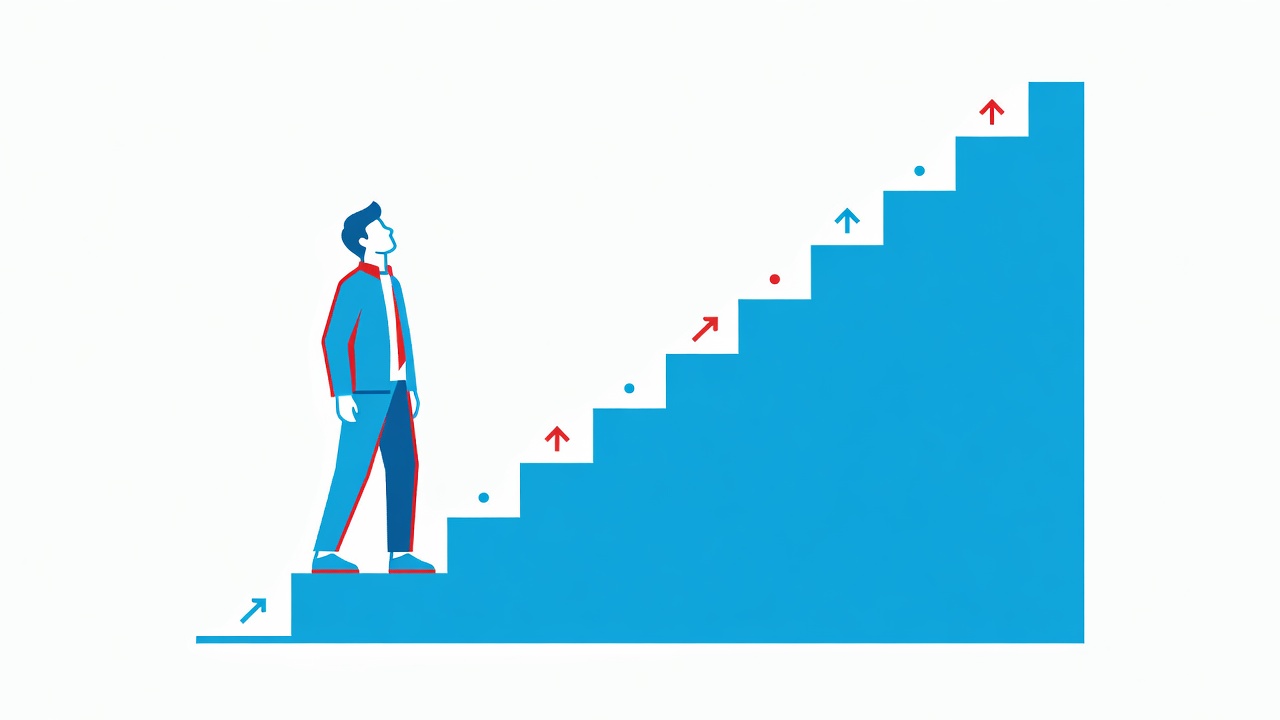 High school student at base of staircase with goal milestones on each step, looking up with confidence