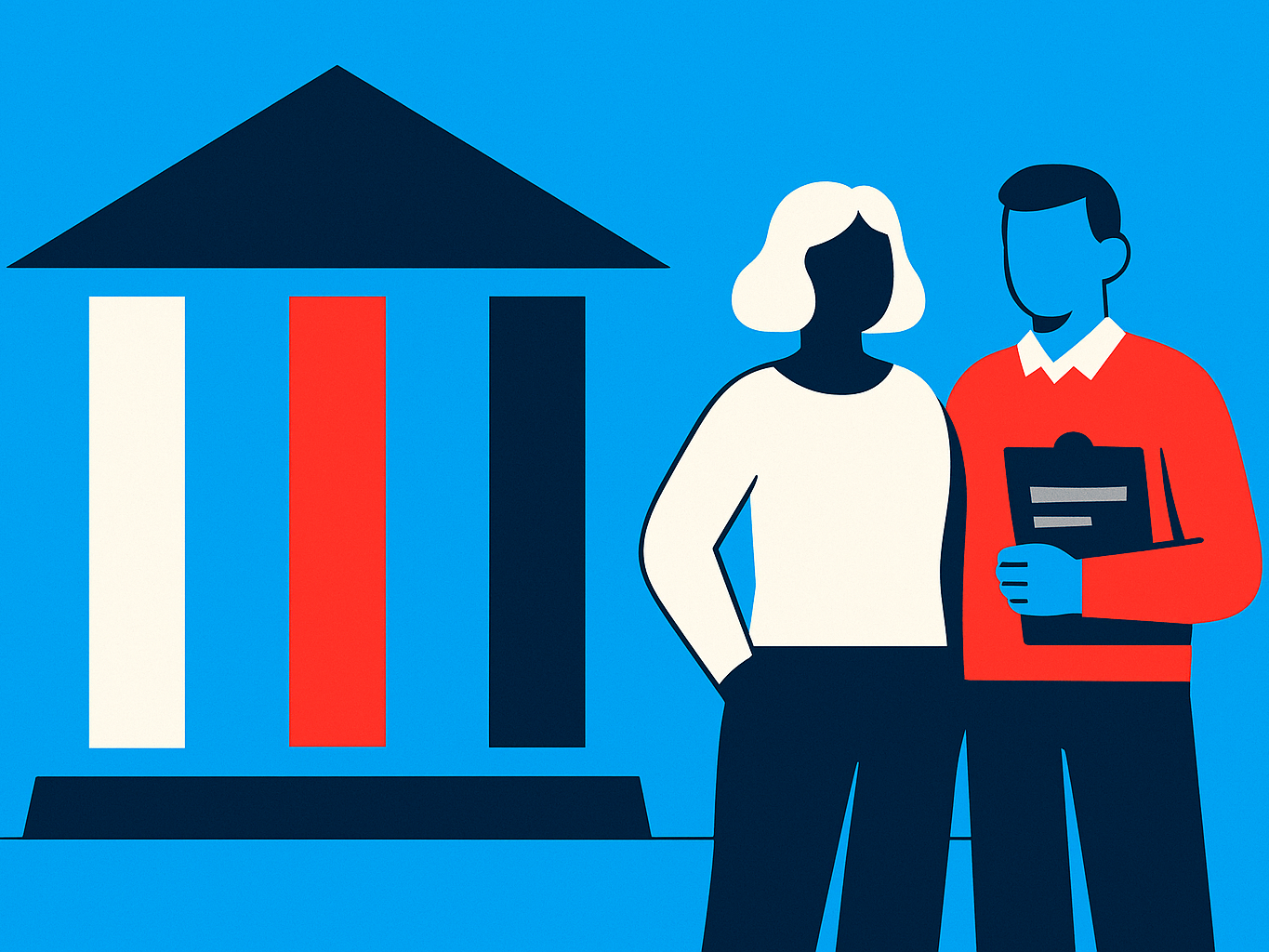 Three colored pillars support a roof as a counselor and a teacher stand together.