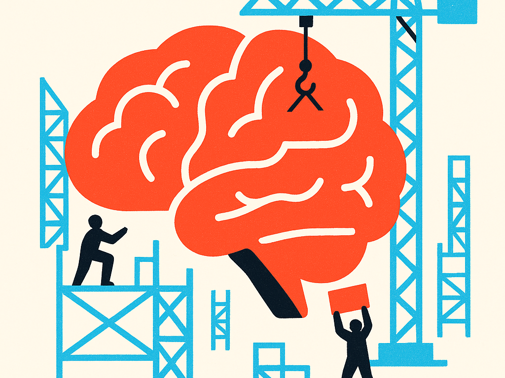 A stylized brain silhouette made of bold flat geometric shapes surrounded by small construction scaffolding shapes, representing the adolescent brain still under construction