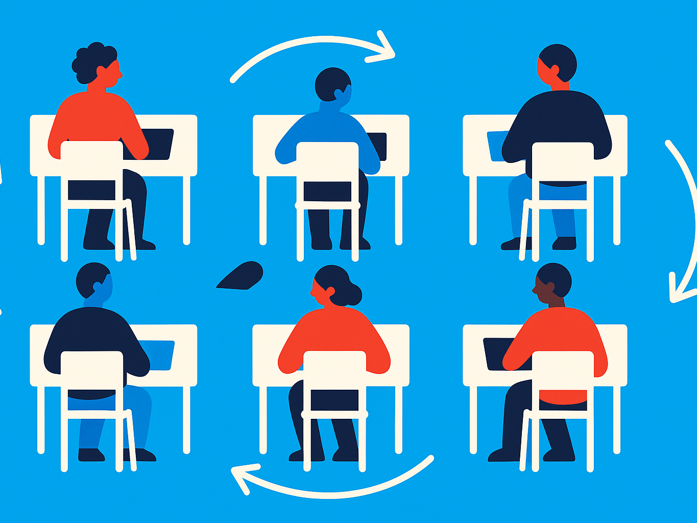A top view of tables and chairs with arrows showing students rotating