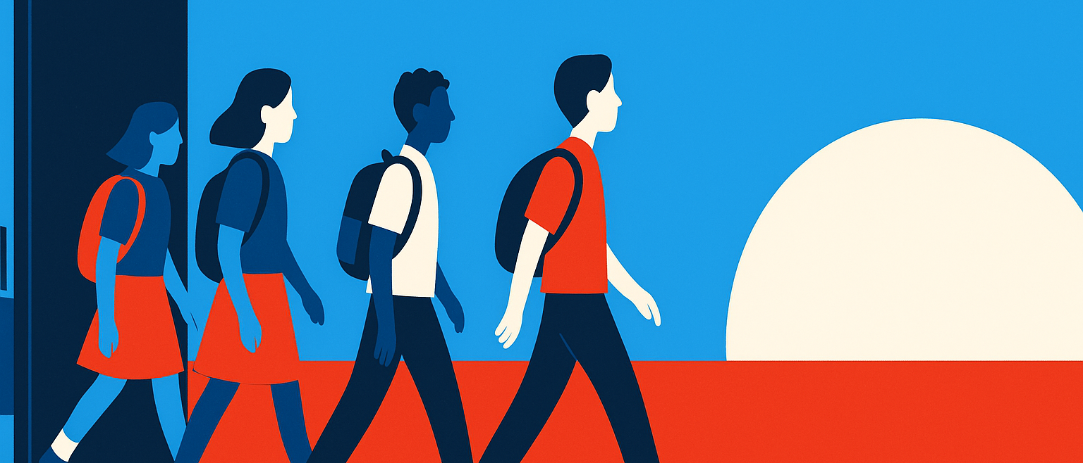 Students walk out of a classroom toward an open field with one leading the way.