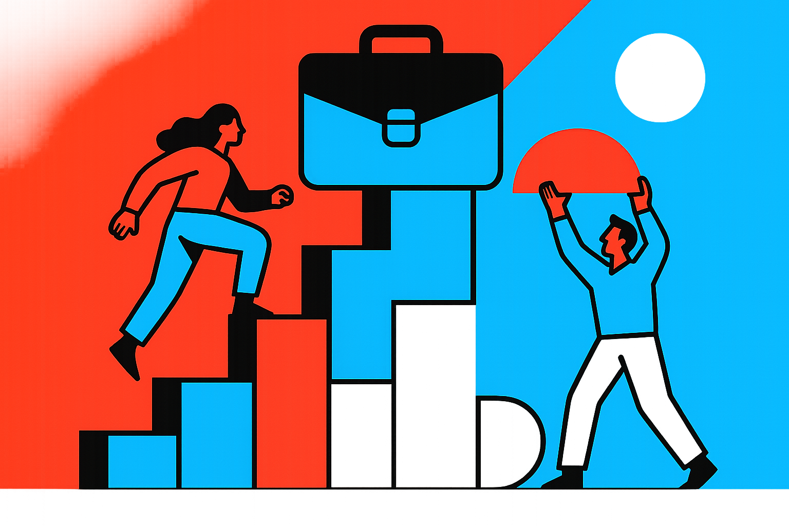 Wide banner illustration of geometric steps rising toward a stylized briefcase shape, symbolizing skills building up toward workplace readiness