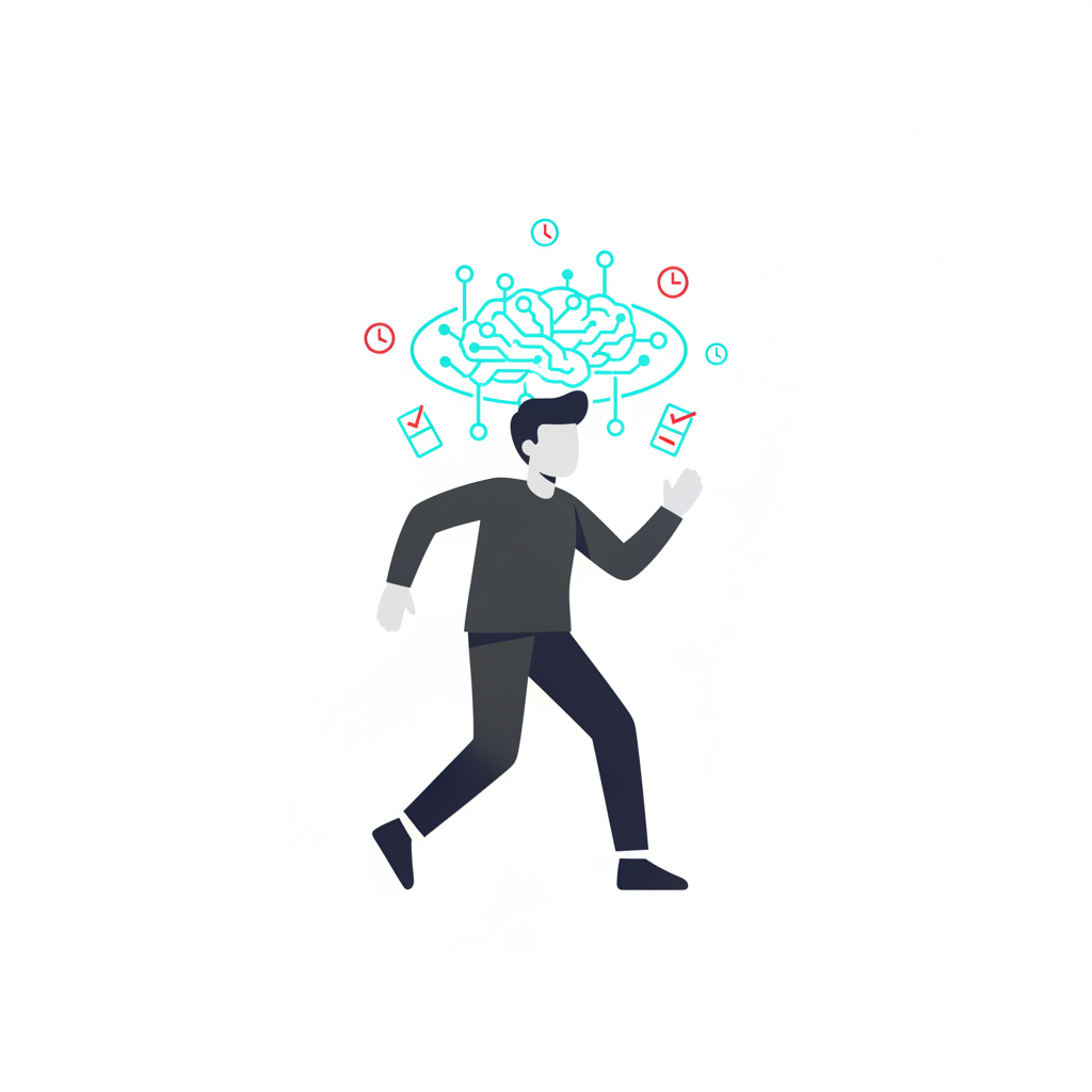 Stylized illustration of a teenage figure with a glowing outline around the head representing developing brain circuitry, surrounded by clock and checklist icons in flat geometric brand style