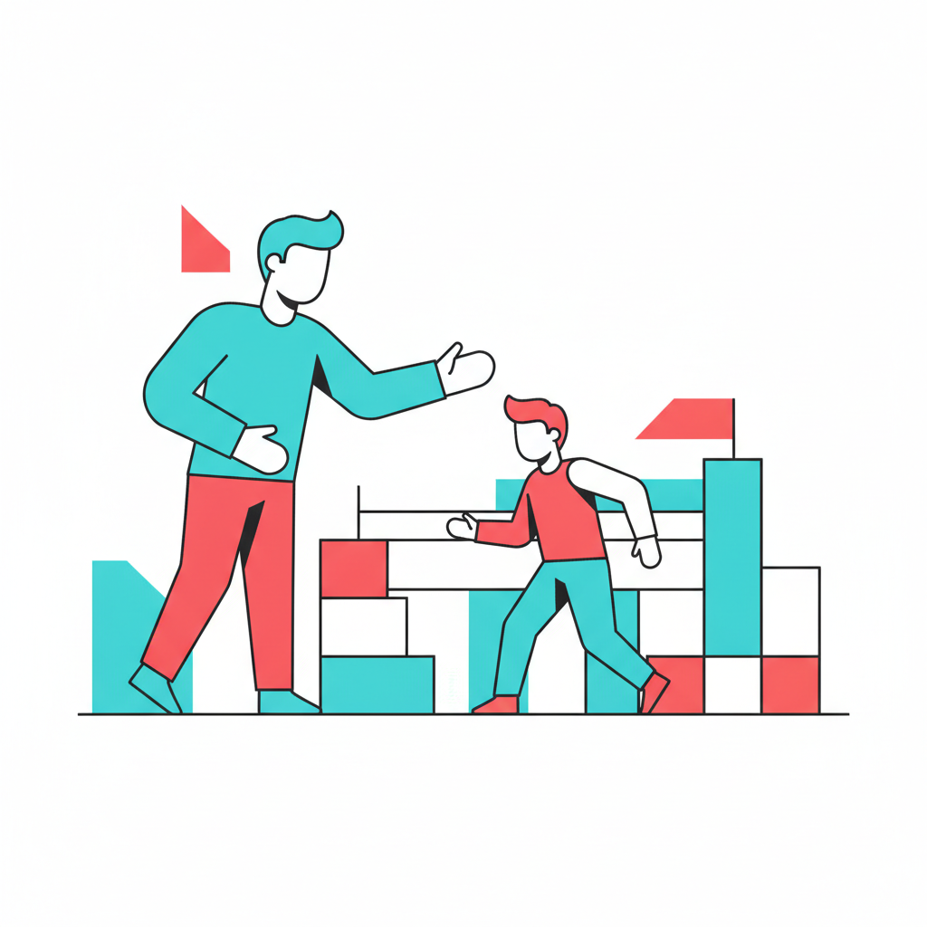 A stylized figure standing at the center of a network of connected practice stations and feedback loops, representing sustained coaching support around a soft skills program rather than a single training event