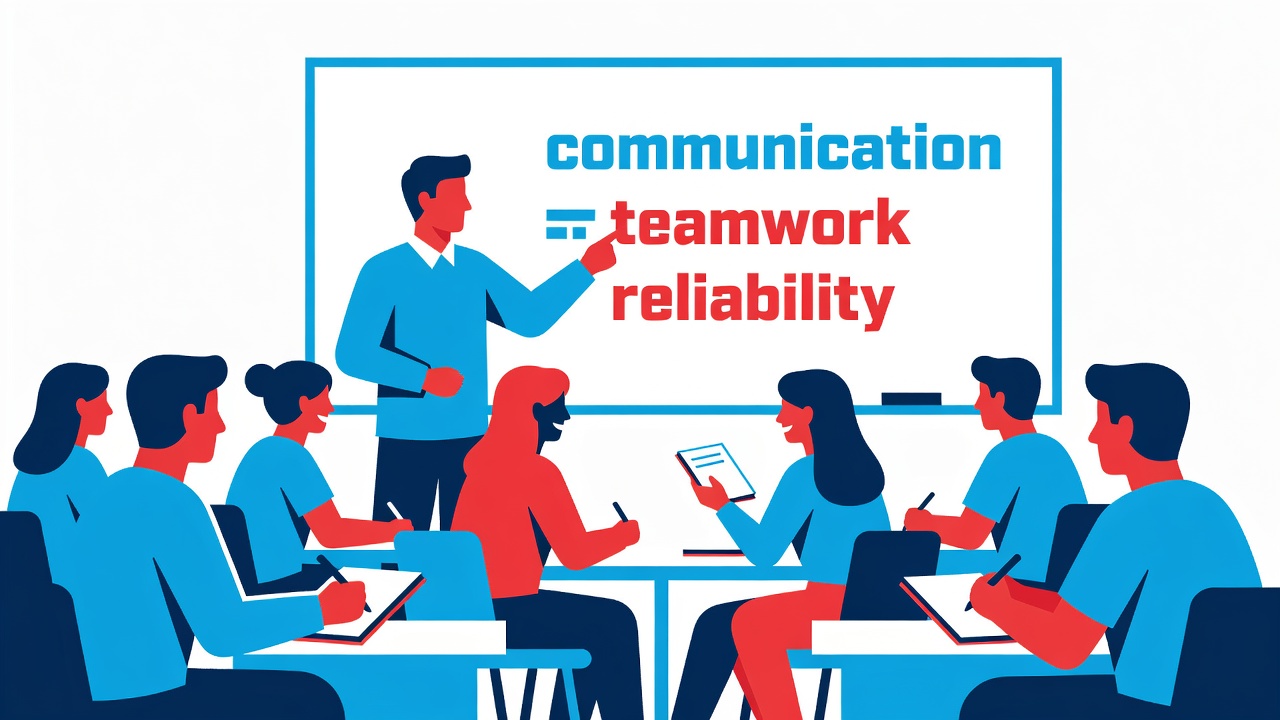 Teacher at whiteboard listing communication, teamwork, reliability as skills — students engaged