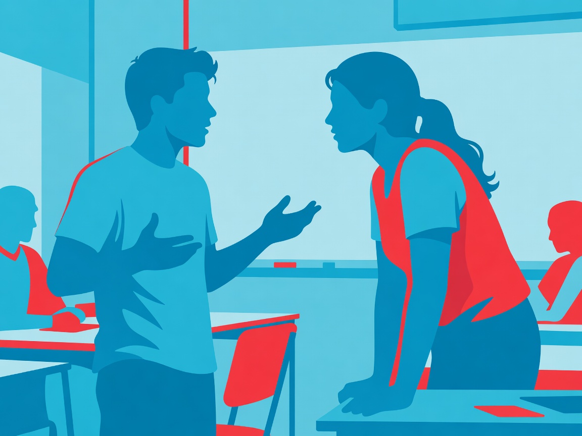 Two students in a paired listening exercise, one speaking and the other making direct eye contact.