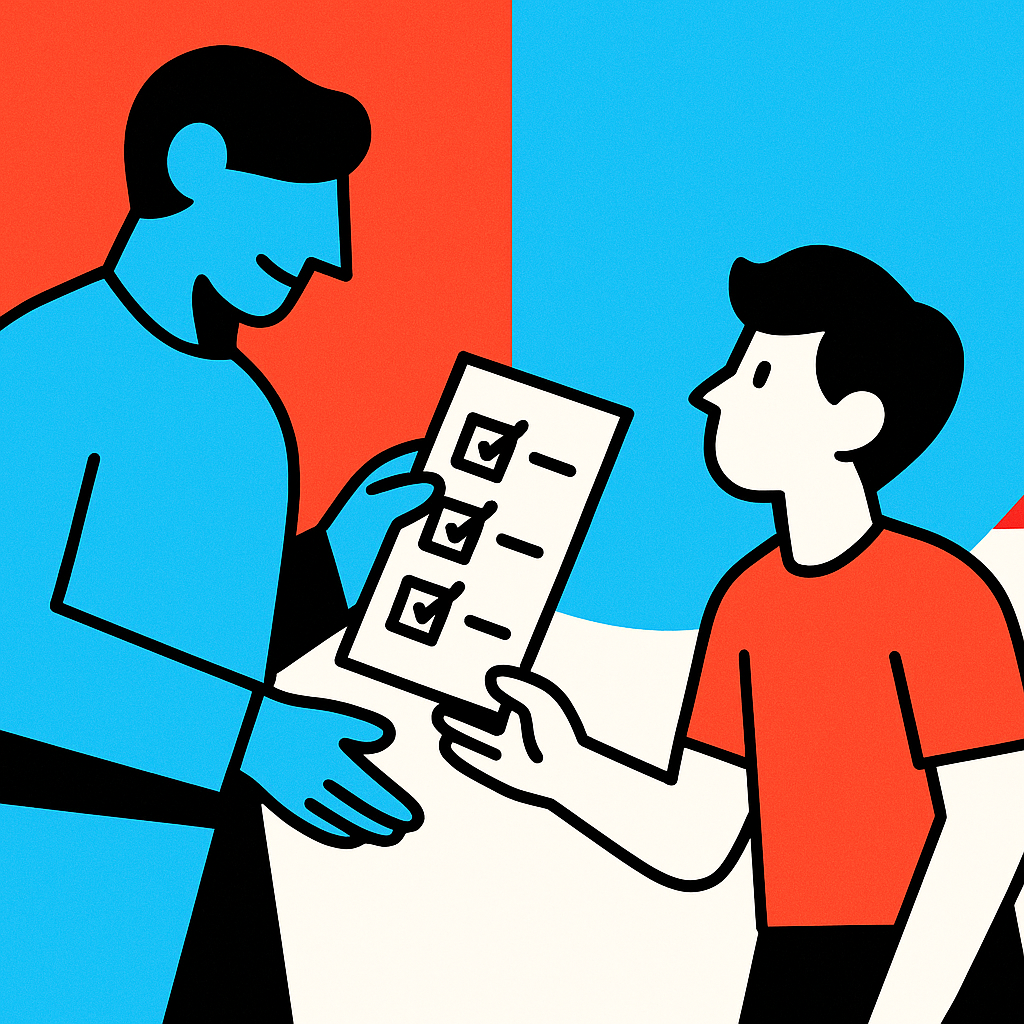 Illustration of a stylized mentor figure handing a checklist to a teenage figure with an upward arrow shape nearby, symbolizing receiving and acting on feedback