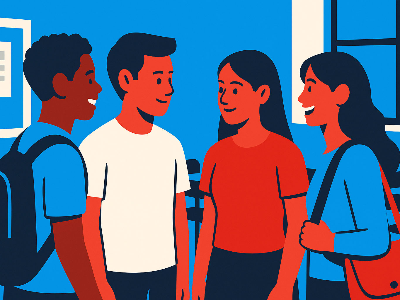 High school students in a circle talk and smile while one makes eye contact with another.