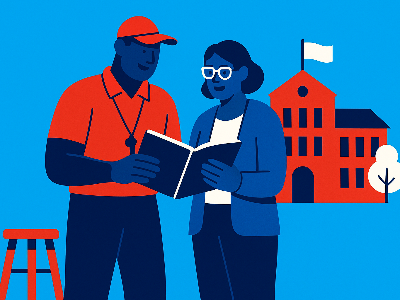 A coach and a staff member hold a shared workbook beside a school building.