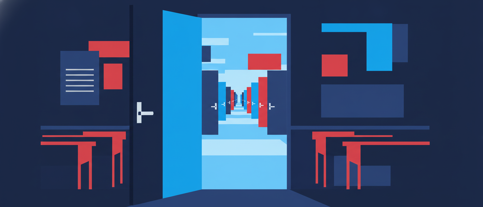 A classroom door opens onto a path with seven more doors ahead.
