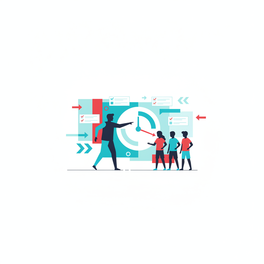 Stylized illustration of a coach figure guiding a small group of teenage figures through a timed task-prioritization exercise with geometric clock and checklist shapes, flat brand-color illustration