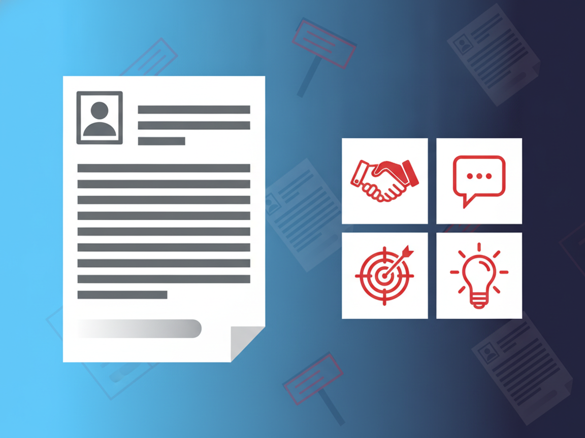 A resume with one line fading away beside a grid of icons for handshake, conversation, target and idea.
