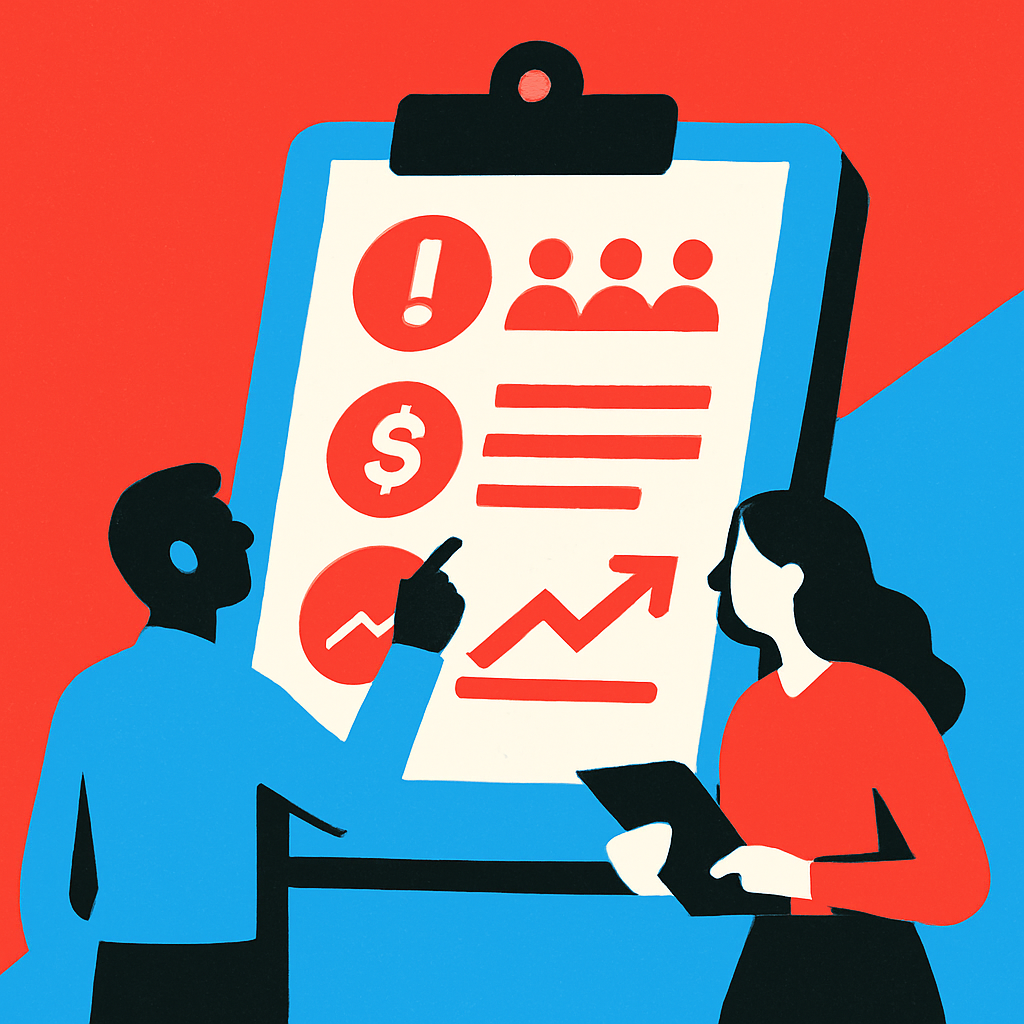 Illustration of a board presentation document with a problem statement, a budget figure, and a measurement chart laid out clearly