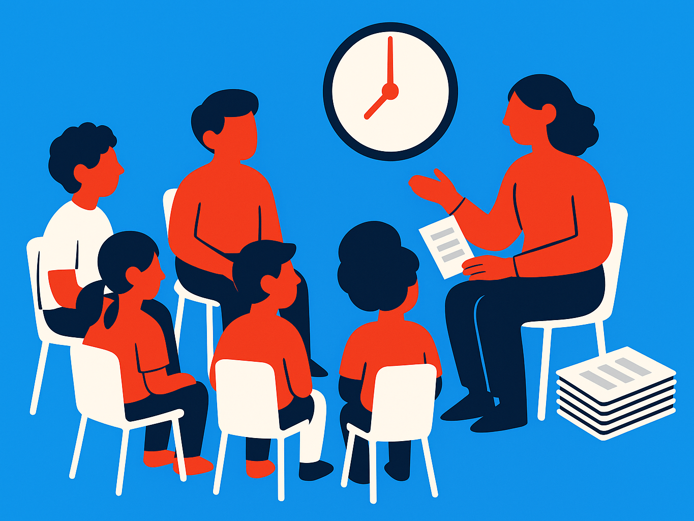 A small circle of students with one adult and a short clock