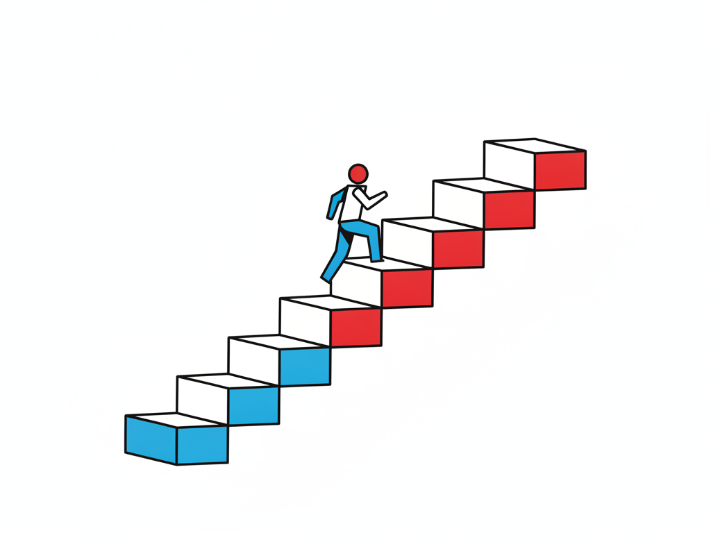 Stylized illustration of a rising staircase built from geometric blocks with a figure climbing it, representing a sequenced progression of skill-building steps