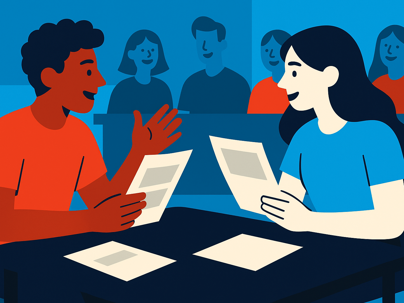 Two students rehearsing a scene with cards on a desk as classmates smile