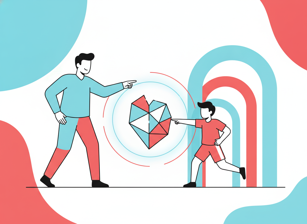 Stylized illustration of a coach figure guiding a student figure through a practiced skill exercise with a glowing checkpoint, representing coached repetition building a durable mindset skill
