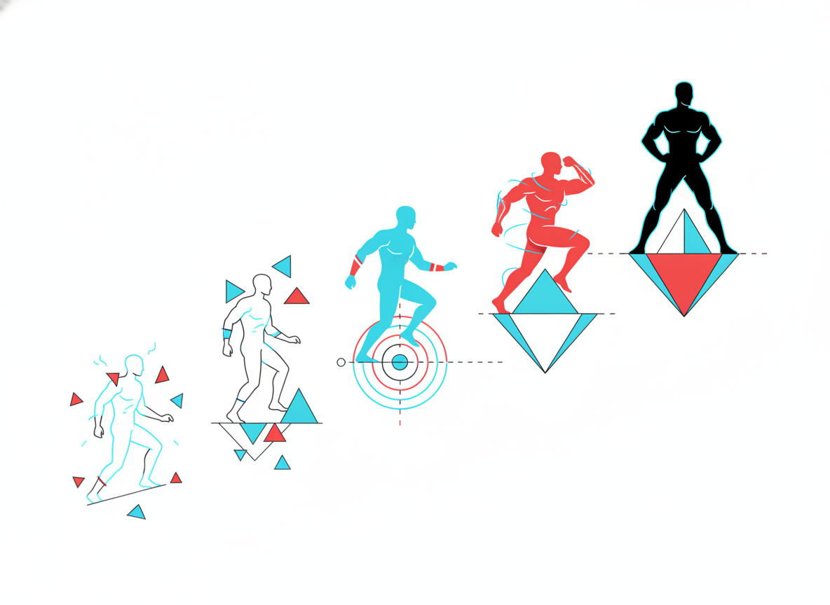 Stylized illustration of a figure repeating a practiced motion through several sequential steps that build toward a stronger confident stance, representing skill built through repetition rather than belief alone
