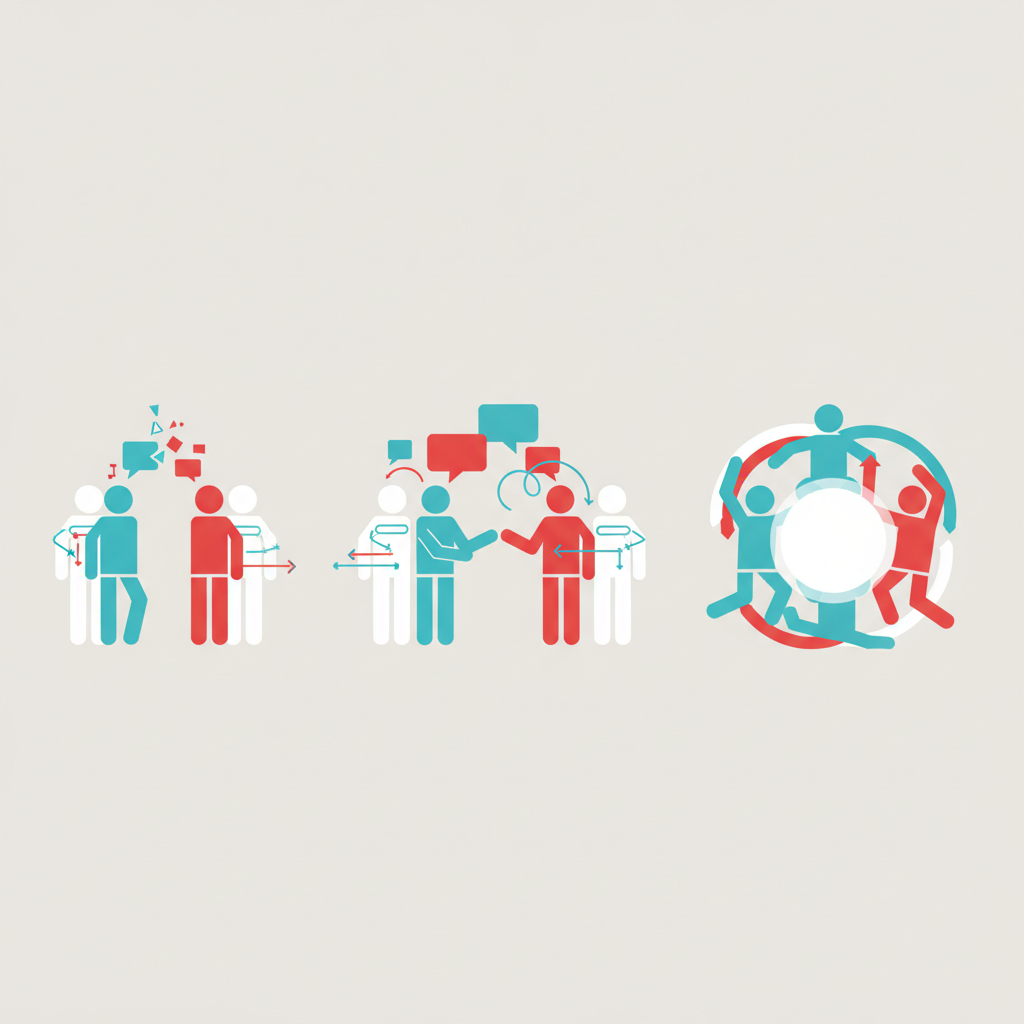 A repeating sequence of three abstract human figures shown practicing a conversation together, growing more confident and connected across each step