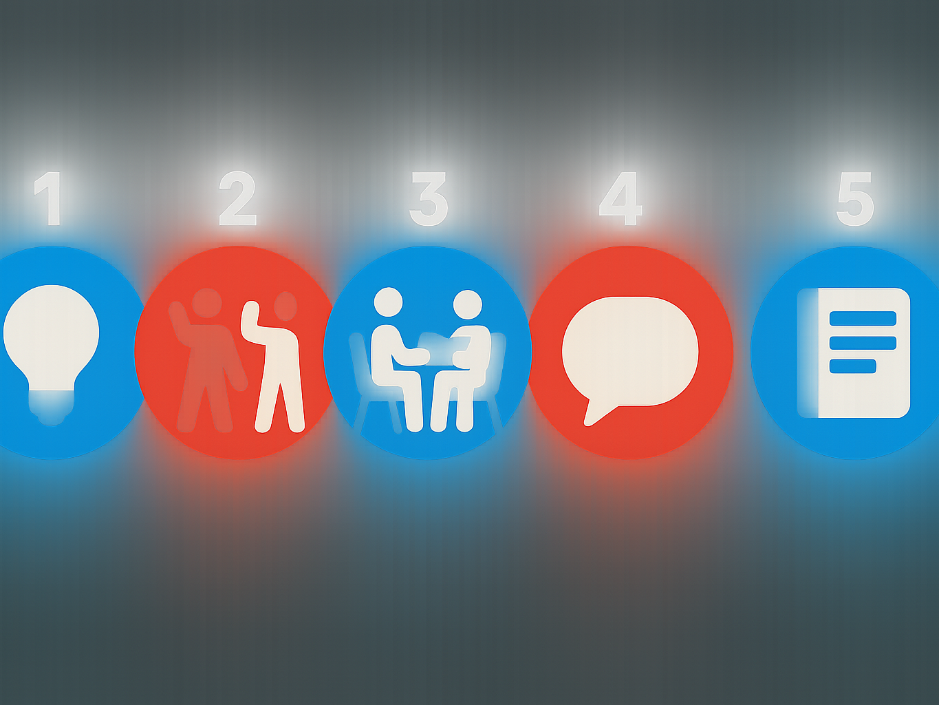 Five round steps with icons for a why, a model, practice, feedback, and reflection