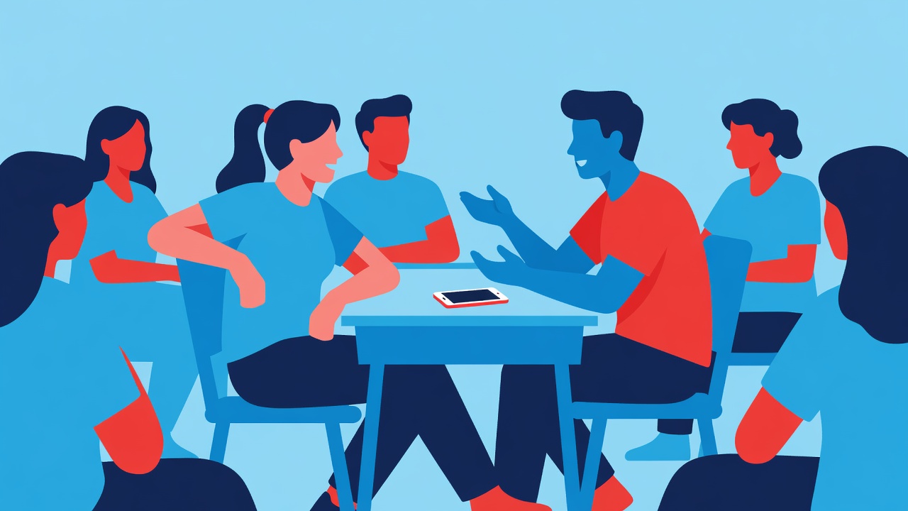 Student in a classroom circle with phone face-down on desk, fully attentive to a classmate speaking.