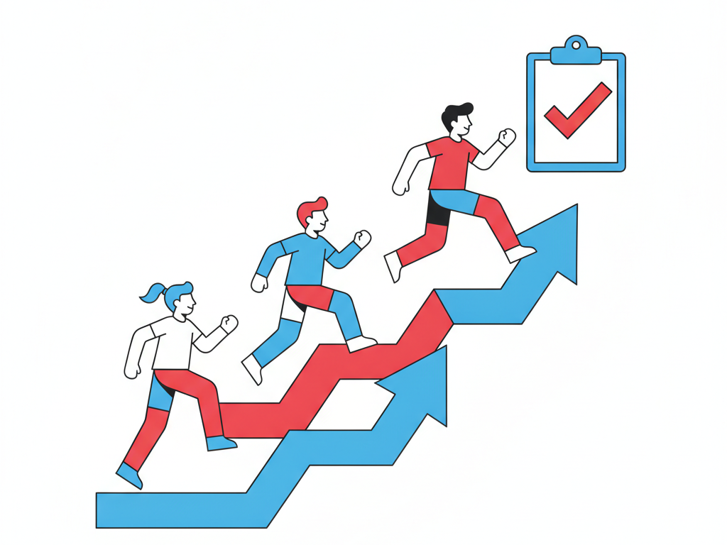 Three stylized student figures running up ascending arrow-shaped steps toward a checklist with a checkmark, representing tracked growth in soft skills over an 8-week program