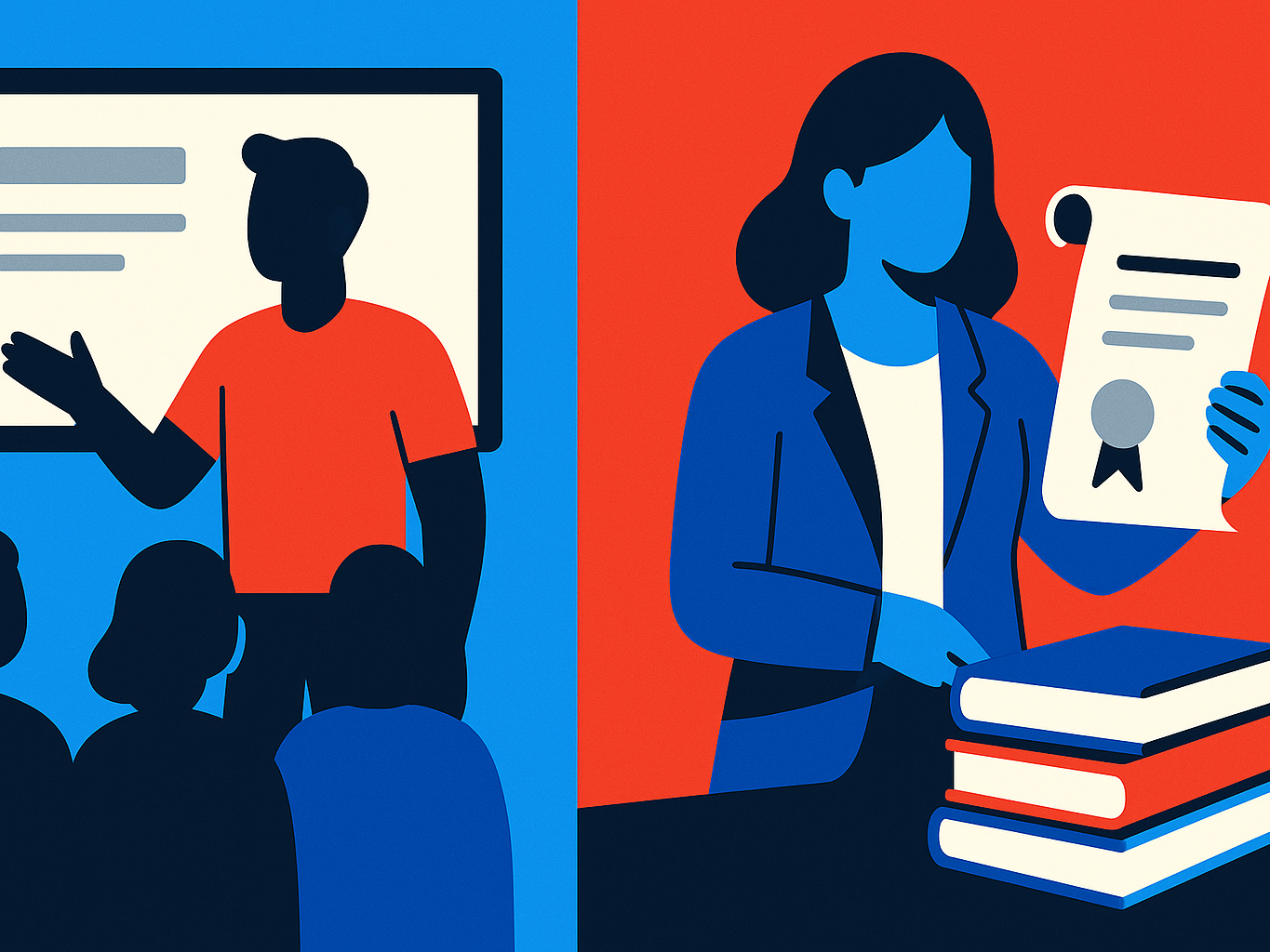 A visiting coach leading a classroom beside a staff member holding a certificate and workbooks