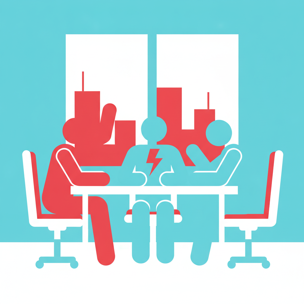 A stylized office scene with simple geometric figures seated around a table, one figure raising a hand mid-conversation, rendered in flat brand-colored shapes with no text, representing unresolved workplace conflict