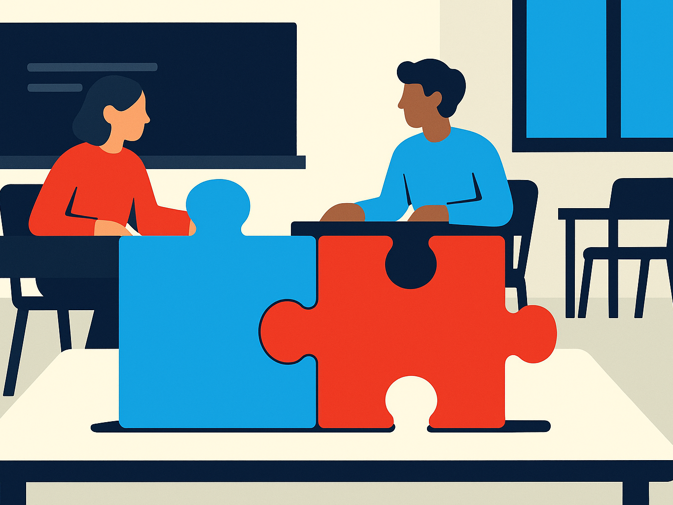 Two puzzle pieces in blue and red fitting together on a classroom table