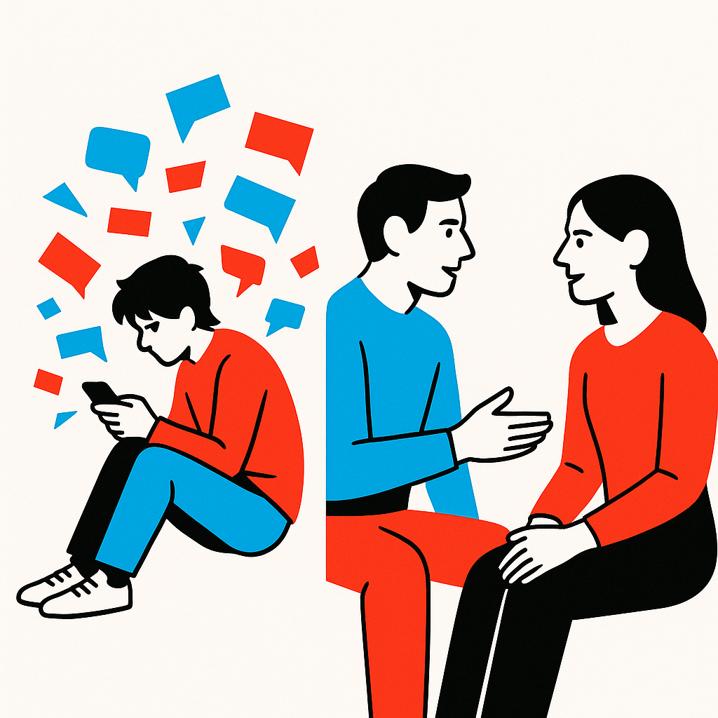 Stylized illustration contrasting a teenage figure surrounded by fragmented digital message shapes with a calm connected figure pair in direct conversation, in flat geometric brand style