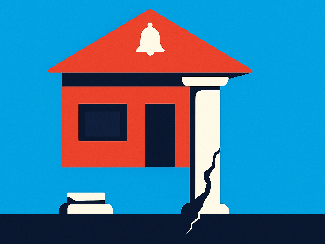 A single pillar holds up a school roof while a second support stands empty.