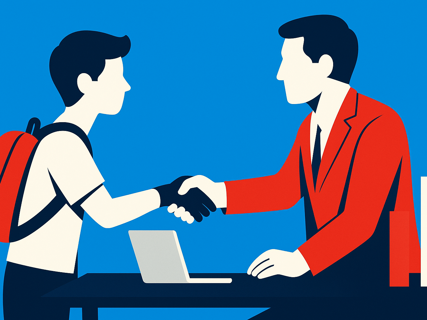 A student and an adult shaking hands beside two bars of different heights