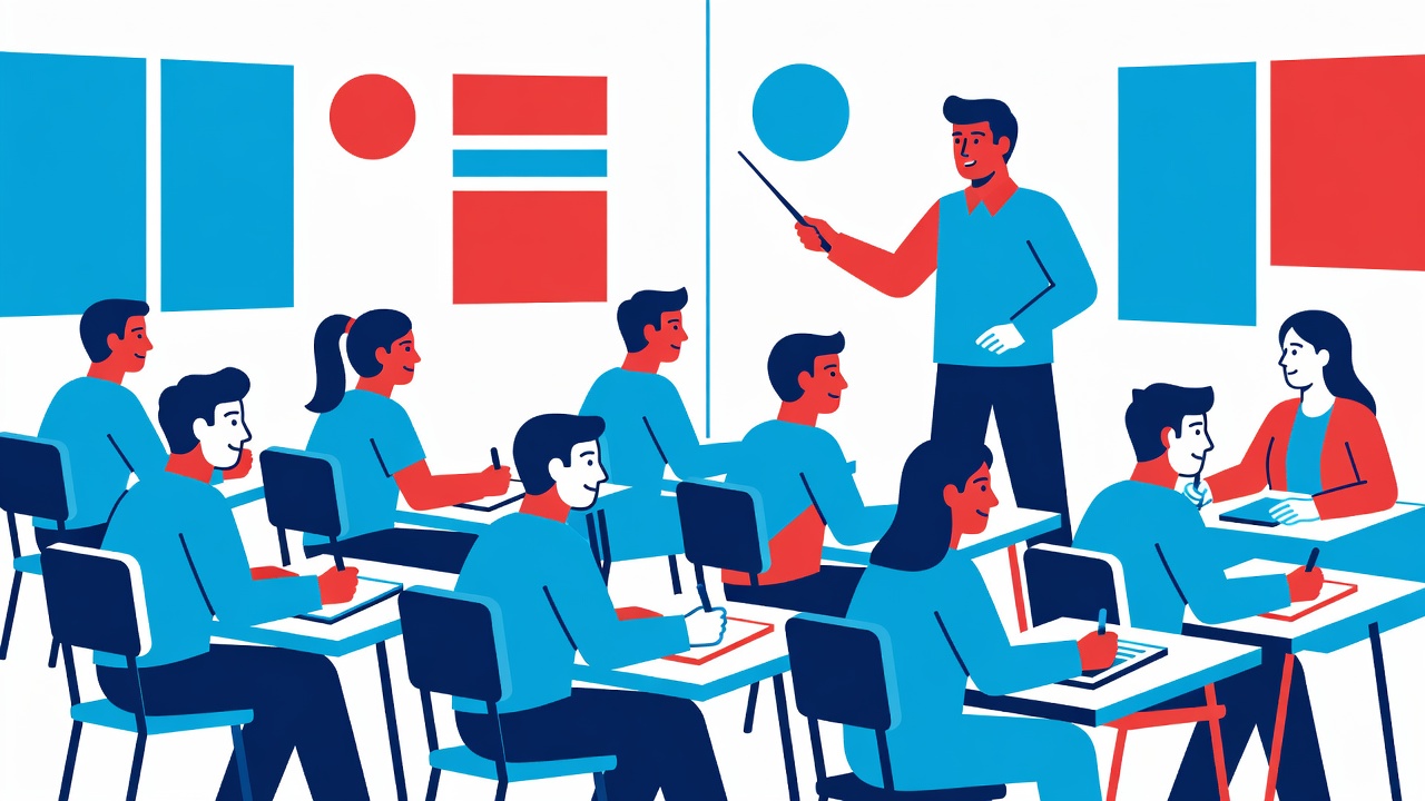 Classroom of focused students engaged without phones, teacher at front leading discussion