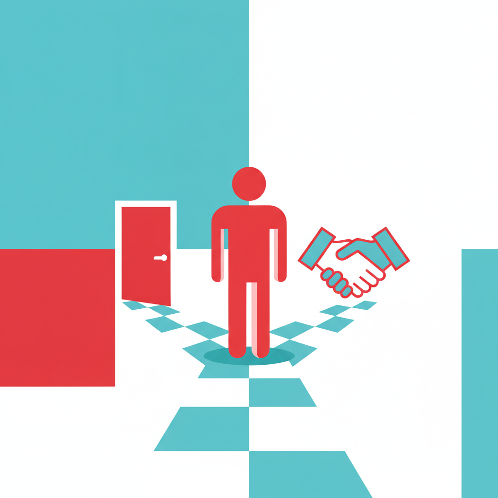 A stylized figure standing between two diverging paths made of flat geometric shapes, one path leading to a closed door and one to an open handshake shape, in bold cyan and red brand colors