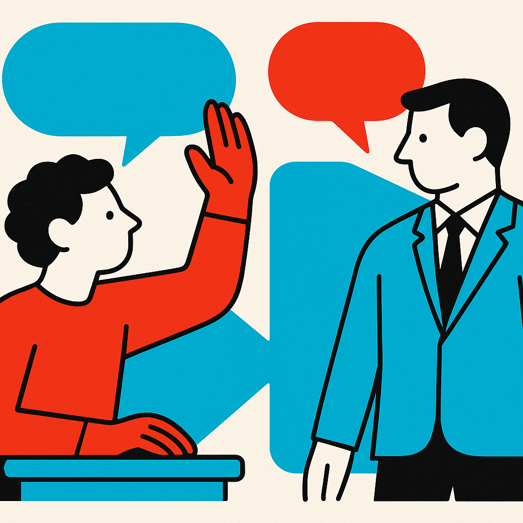 Illustration of two stylized figures with speech bubble shapes between them, one raising a hand early, symbolizing a student flagging a problem to a supervisor before it grows