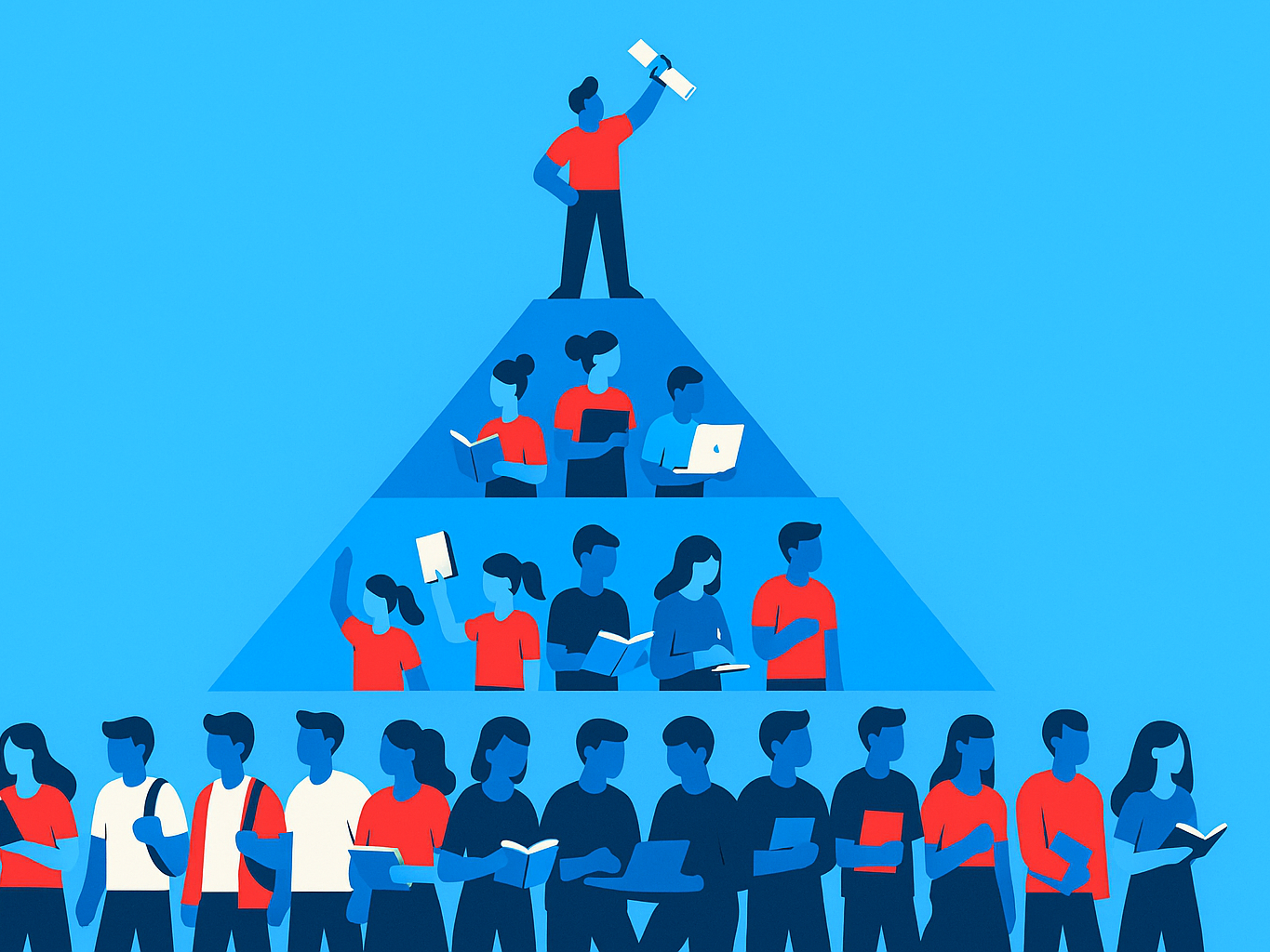 A three tier pyramid in blue with many students on the wide bottom tier.