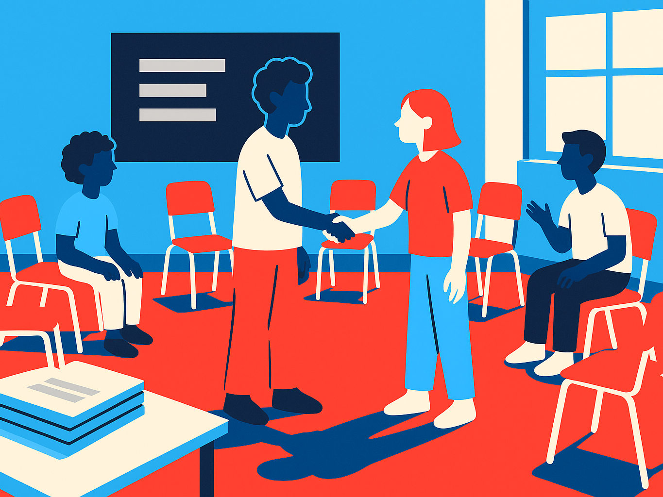 A classroom with chairs in a circle, workbooks on a table, and students practicing a greeting