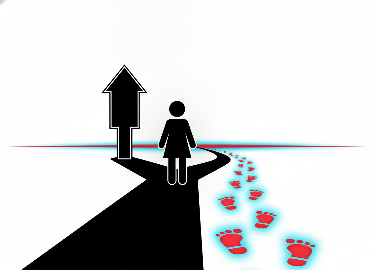 Stylized illustration of a figure choosing between a fixed decorative sign and an active practice path with visible footsteps, representing the difference between stating a belief and rehearsing a behavior