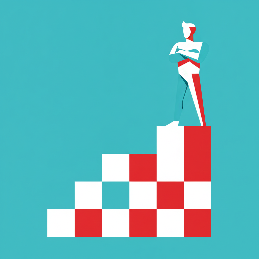 A stylized figure standing confidently on a solid staircase built from geometric blocks, representing competence built step by step rather than confidence handed over all at once