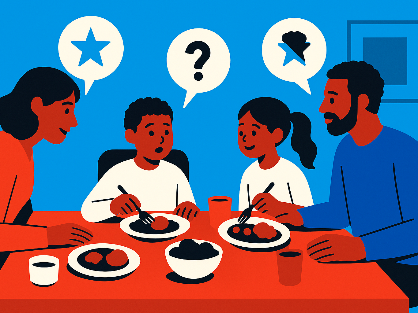 A family at a dinner table with speech bubbles as one parent listens