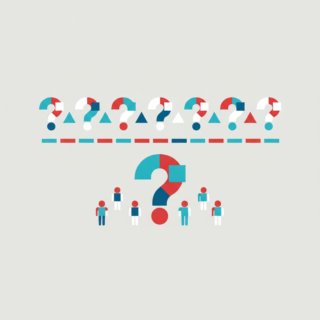 A calm row of abstract question mark shapes in brand colors, a wide section break before the frequently asked questions