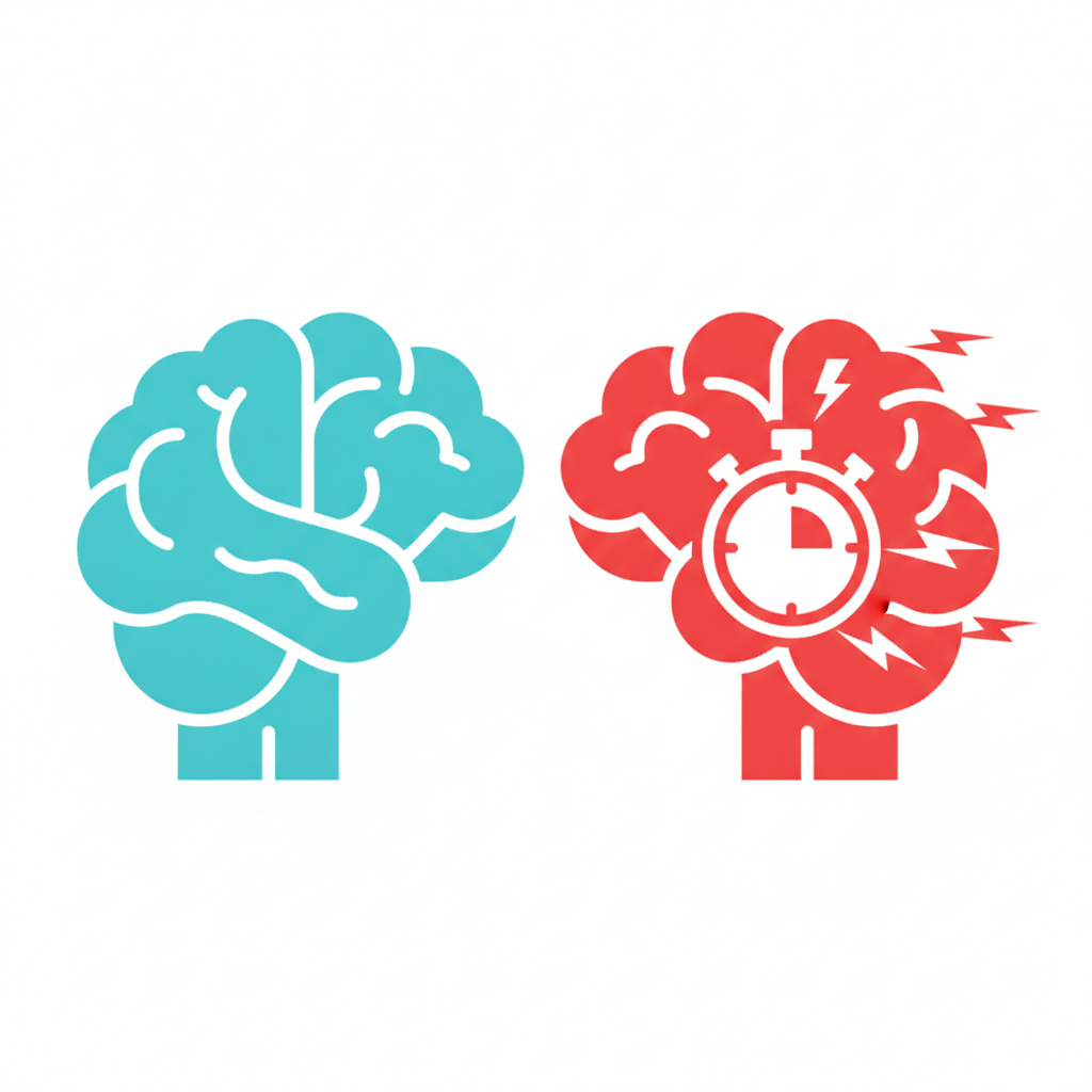 Two contrasting geometric head silhouettes, one calm and slow and one fast and urgent with a stopwatch motif, representing the two decision systems in the brain.