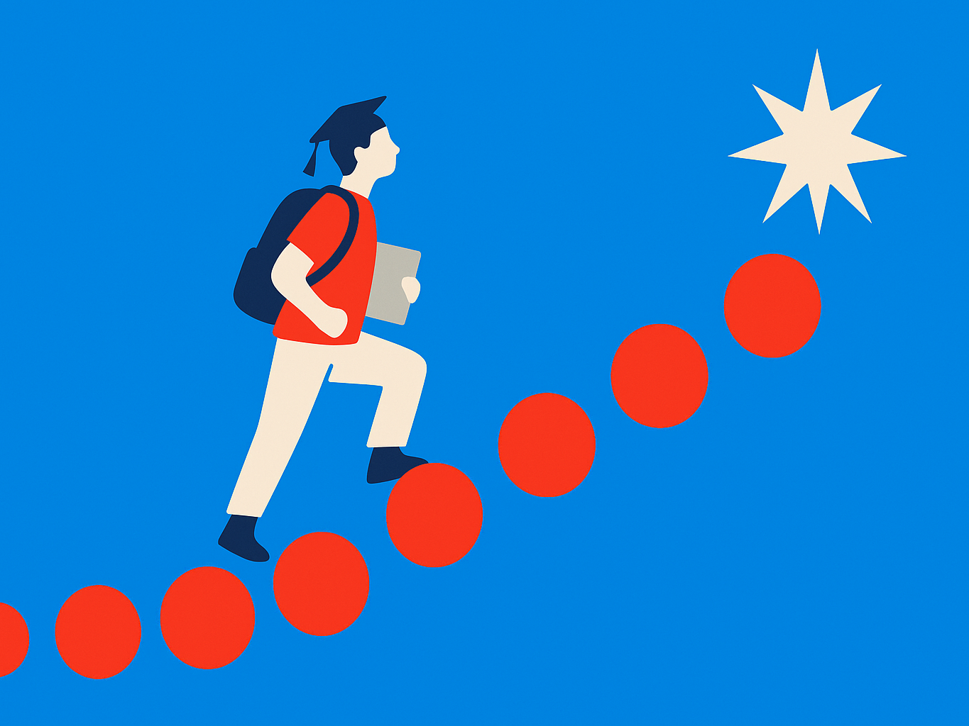 A student climbing eight steps toward a bright star