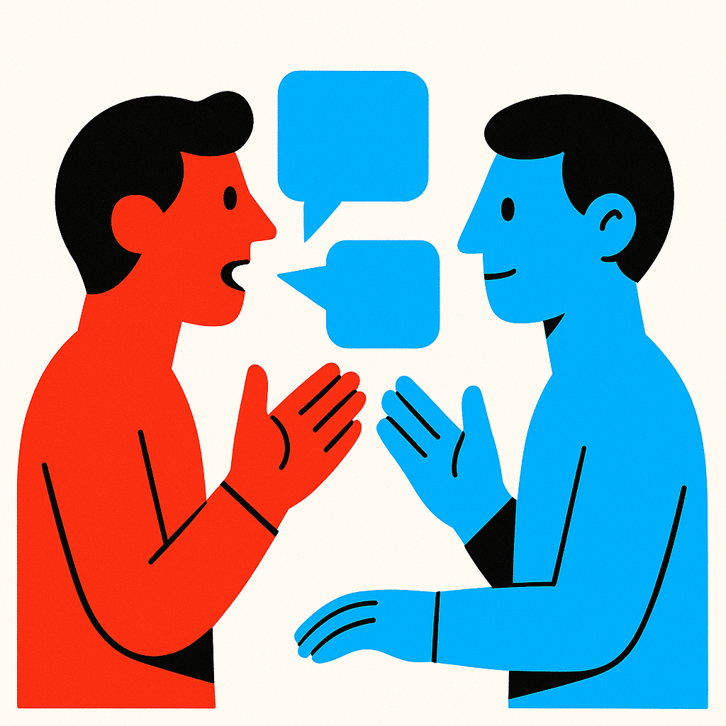 Stylized illustration of one figure speaking with a geometric shape floating between them and a second figure mirroring the same shape back, representing reflective listening and paraphrasing