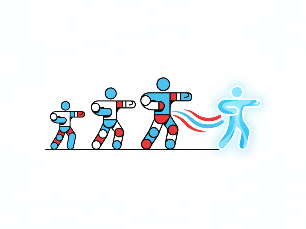 Stylized illustration of a scale-like geometric composition where a small figure's gratitude shape counterbalances a larger looming materialism shape, representing gratitude buffering the negative effects of materialism