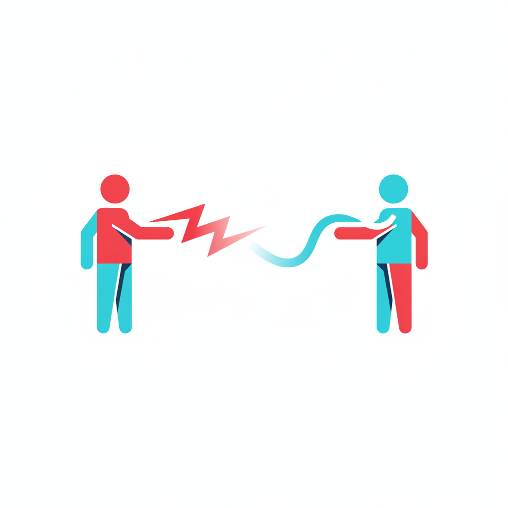 Two stylized human figures facing each other across a jagged lightning-bolt shape that transforms into a smooth connecting line, rendered in flat geometric shapes with bold cyan, red, and white brand colors, representing conflict transforming into resolution