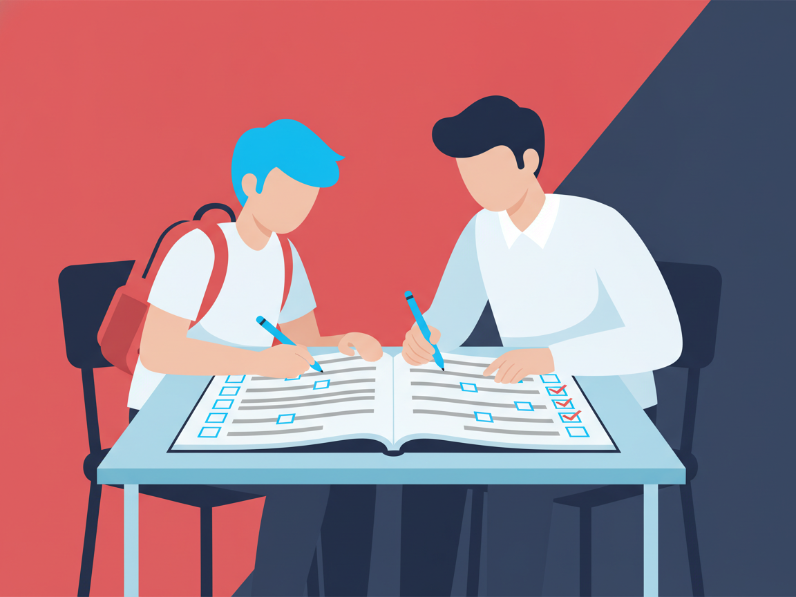 A student and an adult mentor fill in a workbook together at a table.