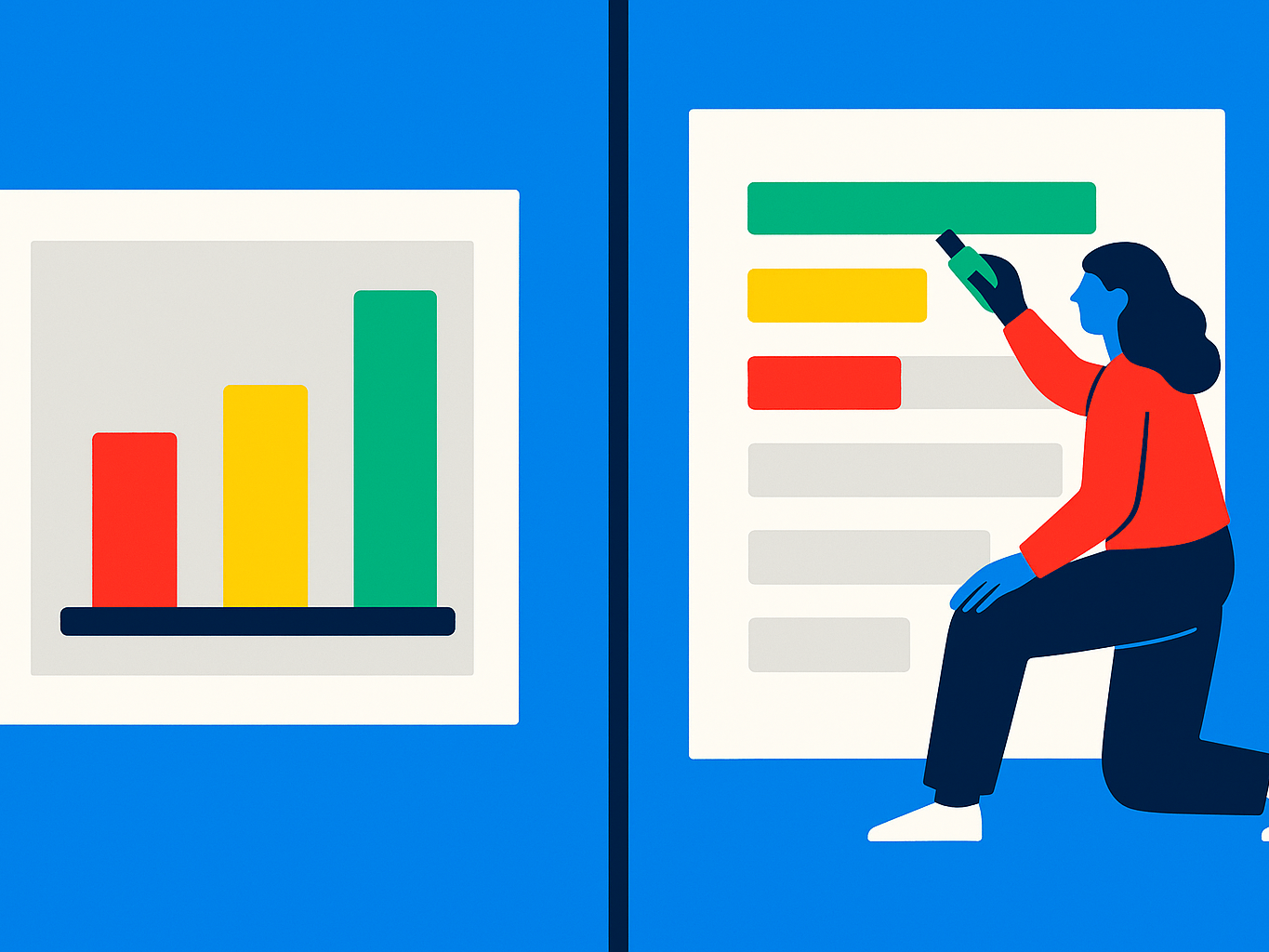 A student coloring a skills checklist green, yellow, and red beside simple bar charts