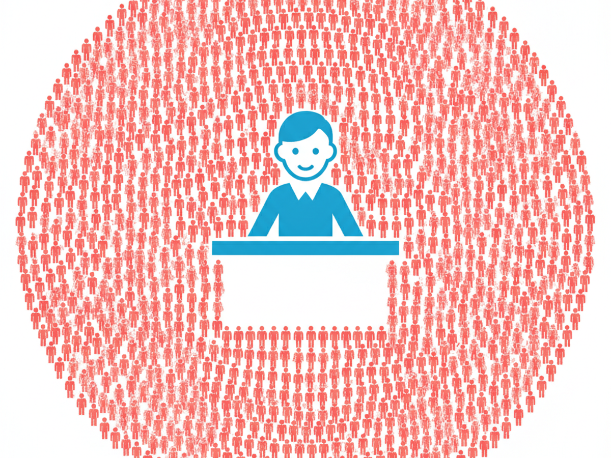 A stylized school counselor figure surrounded by a large circle of student silhouettes, representing an overloaded caseload spread across too many students